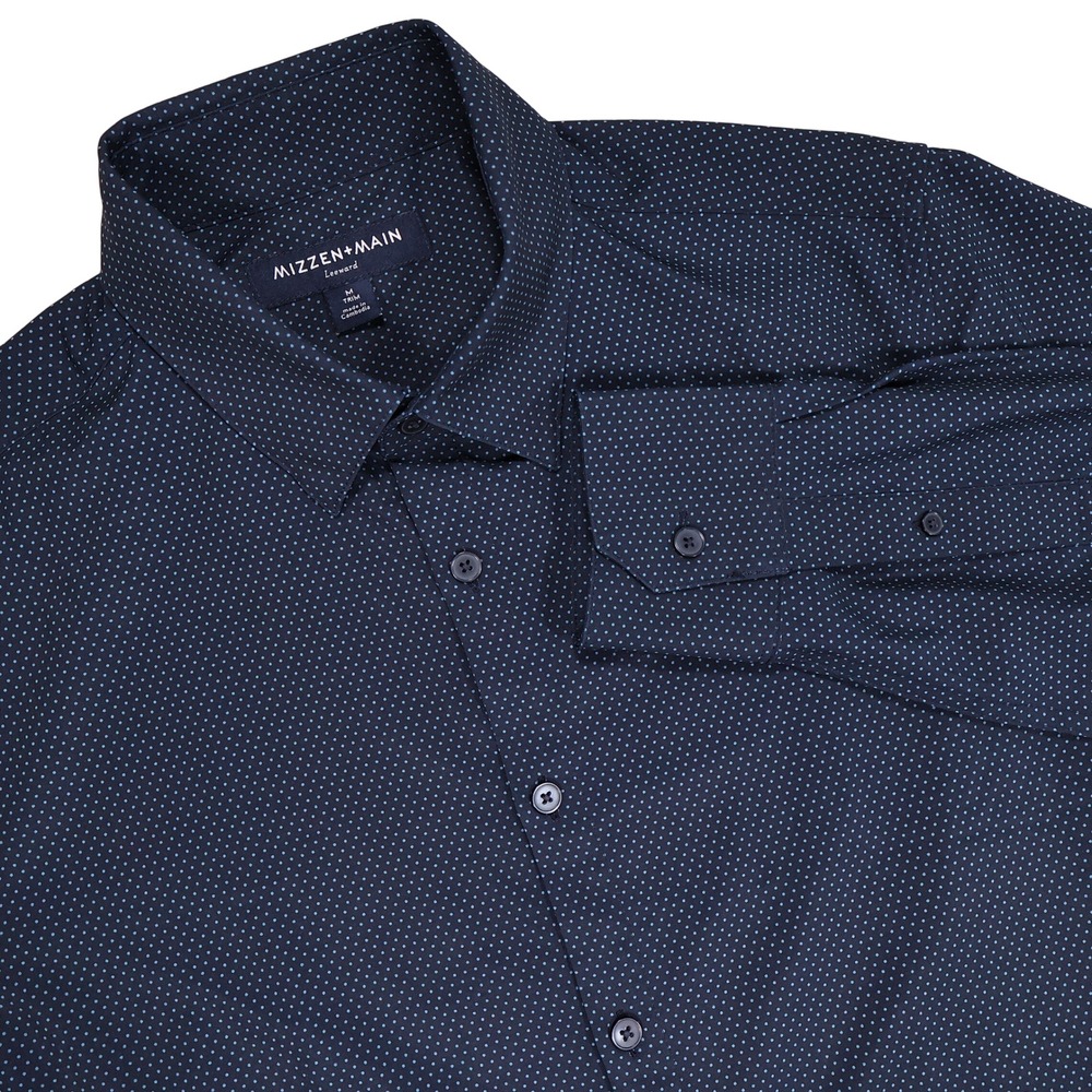 MIZZEN+MAIN Men's M Navy Blue Micro Dot Leeward Trim Fit Button Up Dress Shirt